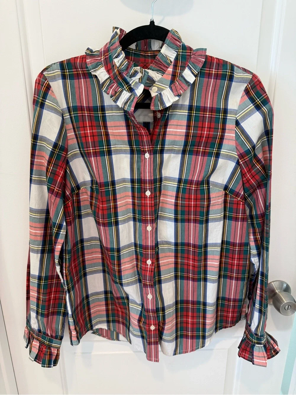 J. Crew Red Plaid Ruffle-Collar Button-Down Shirt